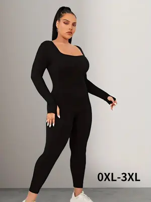 Plus Size Basic Solid Long Sleeve Square Neck Sports Jumpsuit, Sporty High Stretch Seamless Jumpsuit For Yoga Gym Workout, Wo...