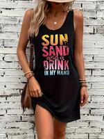 Women's Floral & Letter Print Round Neck Tank Dress, Casual Sleeveless Maxi Dress for Beach Holiday Vacation, Ladies Clothes ...