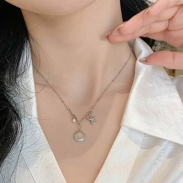 Shell Shape & Starfish 304 Stainless Steel Rhinestone Pendant Necklaces for Women