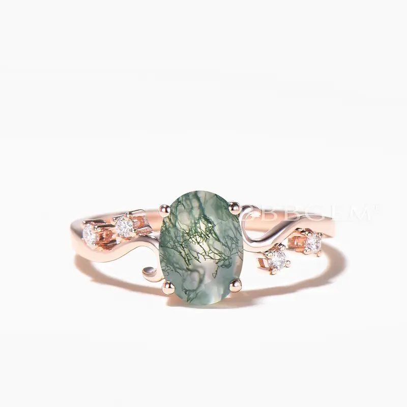 1.5CT Oval Cut Natural Moss Agate Engagement Ring Diamond Art Deco Ring
