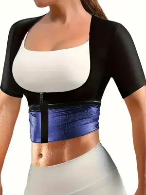 Sporty Women's Solid Color Open Bust Zip Up Sauna Tee without Bra, Sports Push Up Chest Short Sleeve Sauna Top for Summer, La...
