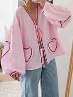 Women's Plaid Print Heart Embroidery Tie Front Blouse, Casual Lantern Sleeve V Neck Top for Fall & Winter, Women's Clothing...