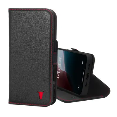 Apple iPhone 16 Leather Wallet Case (MagSafe Charging) - Black with Red Detail