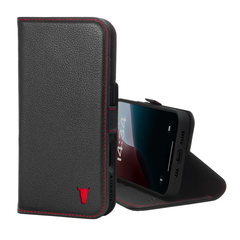 Apple iPhone 16 Leather Wallet Case (MagSafe Charging) - Black with Red Detail