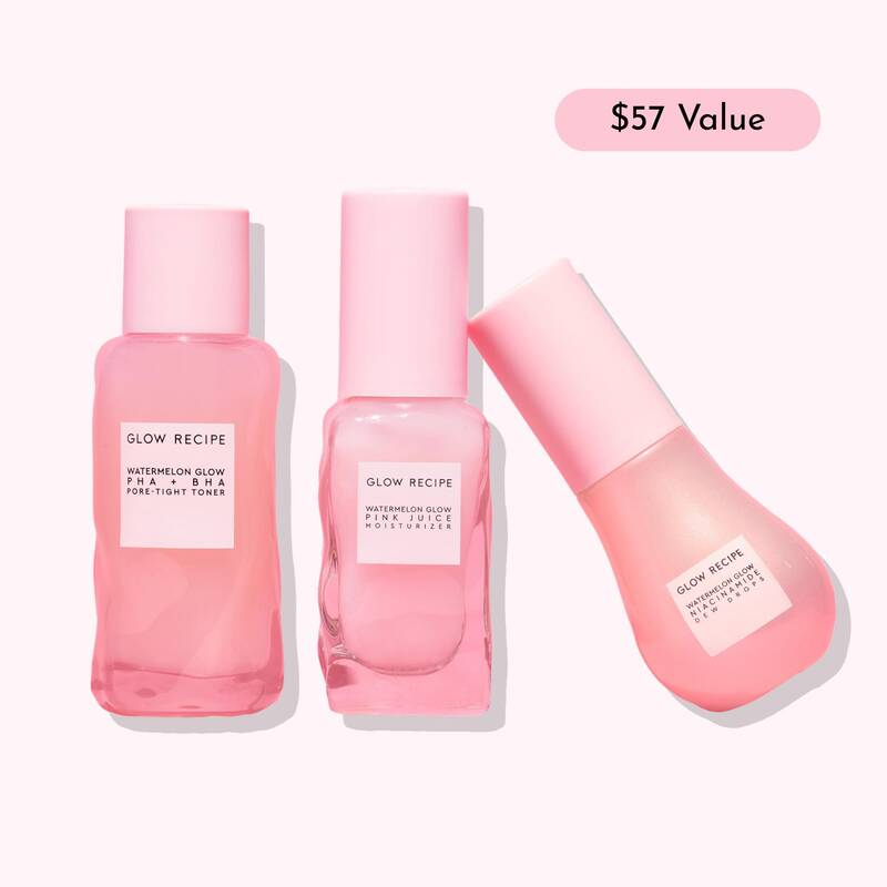 Glow Recipe Real Glass Skin Kit, Watermelon Glow PHA  BHA Pore-Tight Toner, Niacinamide Dew Drops, Pink Juice Oil-Free M