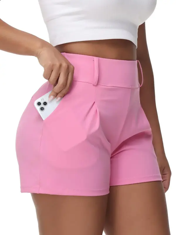 Women's Solid Pocket High Waist Sports Shorts, Gym Shorts, Casual Comfy Breathable Plicated Bottoms for Workout Running Gym...