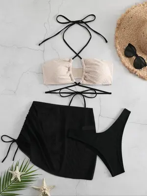 Three-Piece Set Women's Criss Cross Tie Back Bikini for Summer 2024 Swimsuit, Halter Neck Ruched Bra & High Cut Panty & Dr...