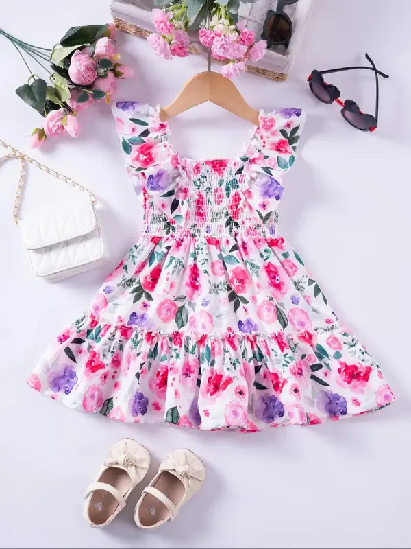 Toddler Girl's Floral Print Frill Ruffle Shirred Tank Dress, Cute Boho Butterfly Sleeve Square Neck A Line Dress for Summer, ...