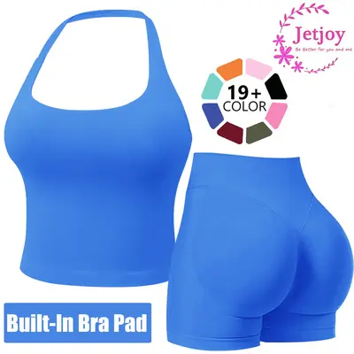 Jetjoy Workout Sets for Women 2 Piece, Workout Sets for Women 2 Piece Gym Outfits Seamless Longline Halter Backless Crop Top ...