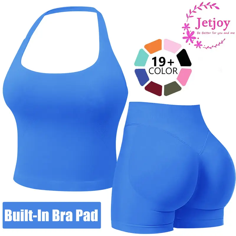 Jetjoy Workout Sets for Women 2 Piece, Workout Sets for Women 2 Piece Gym Outfits Seamless Longline Halter Backless Crop Top ...