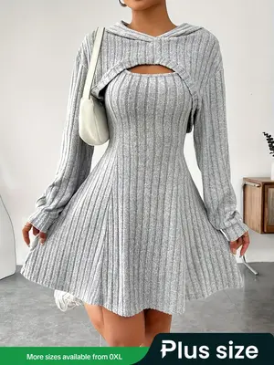 ćPlus Sizeć Two-piece Set Solid Ribbed Crop Hoodie & Tank Dress Set, Casual Chic Bishop Sleeve Hooded Sweatshirt & Short ...