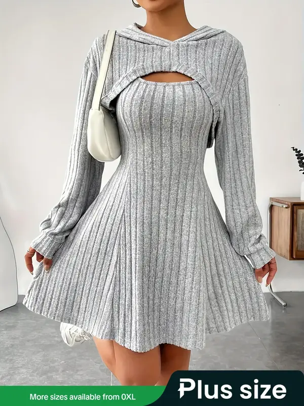 【Plus Size】 Two-piece Set Solid Ribbed Crop Hoodie & Tank Dress Set, Casual Chic Bishop Sleeve Hooded Sweatshirt & Short ...