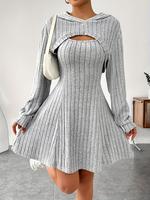 【Plus Size】 Two-piece Set Solid Ribbed Crop Hoodie & Tank Dress Set, Casual Bishop Sleeve Hooded Sweatshirt & Short Dress...