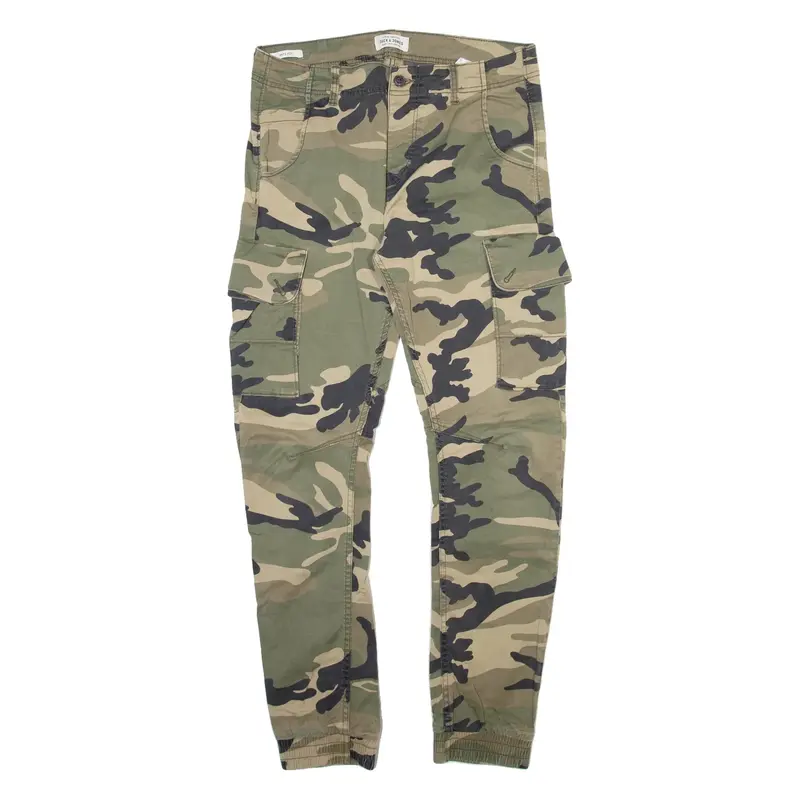 JACK AND JONES Camo Cargo Mens Trousers Green Regular Tapered W32 L29