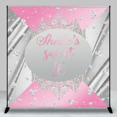 Aperturee Pink Silver Crown Custom Sweet 16 Birthday Backdrop | Backdrop For Birthday Party | Custom Happy Birthday Banner | ...