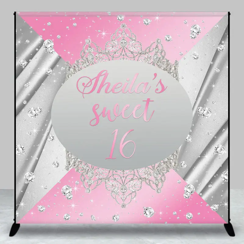 Aperturee Pink Silver Crown Custom Sweet 16 Birthday Backdrop | Backdrop For Birthday Party | Custom Happy Birthday Banner | ...