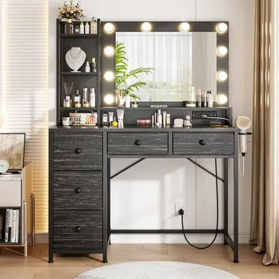 Raybee Furniture Hollywood Vanity with Mirror and Lights, Makeup Vanity Desk with 5 Fabric Drawers & Power Outlet, 3 Lighting...