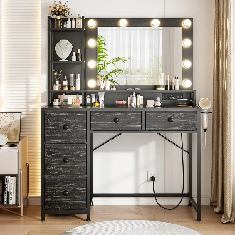 Raybee Furniture Hollywood Vanity with Mirror and Lights, Makeup Vanity Desk with 5 Fabric Drawers & Power Outlet, 3 Lighting...