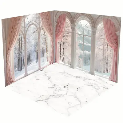 Aperturee Pink Curtain Window Marble Floor Room Set Backdrop | Christmas Backgrounds Fireplace | Xmas Backdrop | Christmas Sc...
