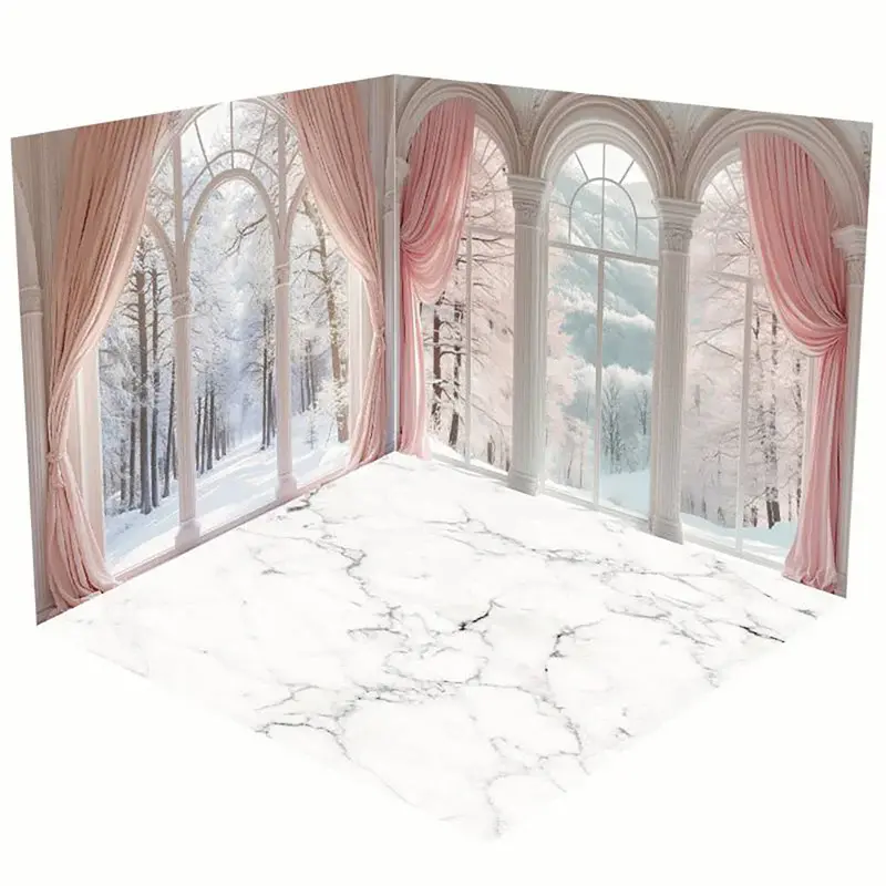 Aperturee Pink Curtain Window Marble Floor Room Set Backdrop | Christmas Backgrounds Fireplace | Xmas Backdrop | Christmas Sc...