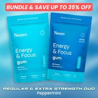 2x Neuro Regular & Extra Strength Energy Caffeine Gum - Sugar Free Nootropics for Energy & Focus with L-Theanine, Caffeine, V...