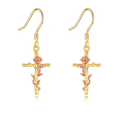 10K Yellow Gold Rose & Cross Drop Earrings