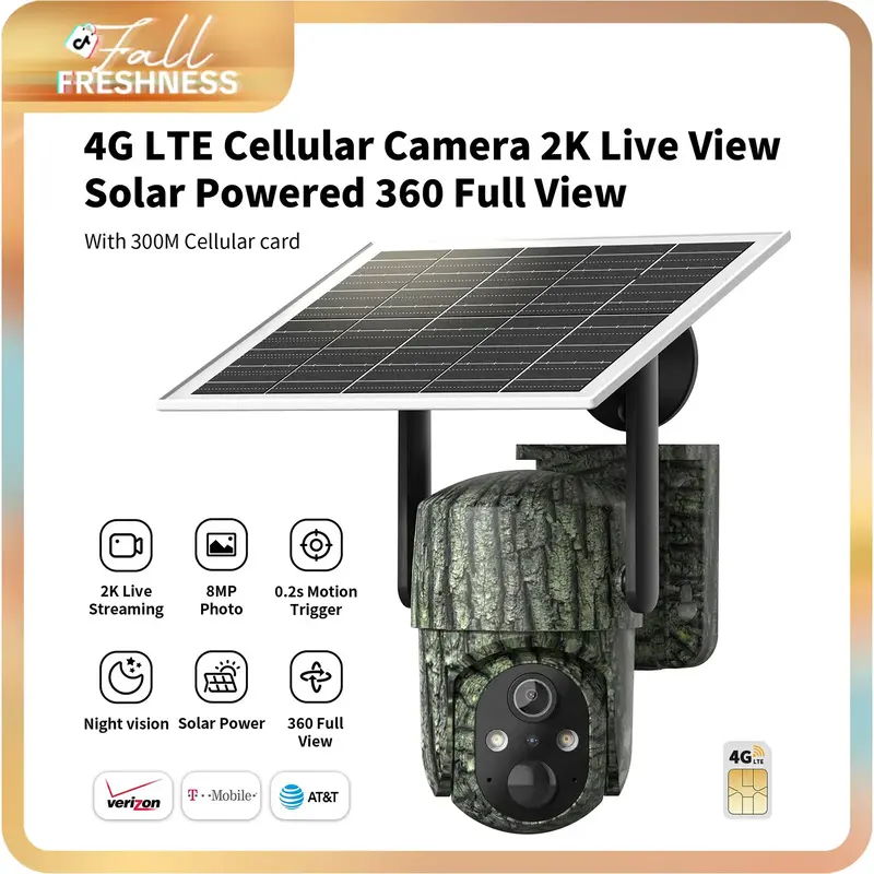 [FallFreshness]  Leaf Green 4G LTE Cellular Solar Powered Surveillance Security Camera – 2K HDVideo 360°View, NoWiFi, Remo...