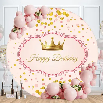 Aperturee Gold Crown Round Pink Happy Birthday Backdrop For Girl
