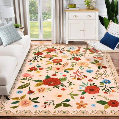 Garvee Beige Floral Area Rug for Living Room, 8x10 Machine Washable Large Rugs, 8x10 Non Slip Vintage Low Pile Soft Carpet fo...