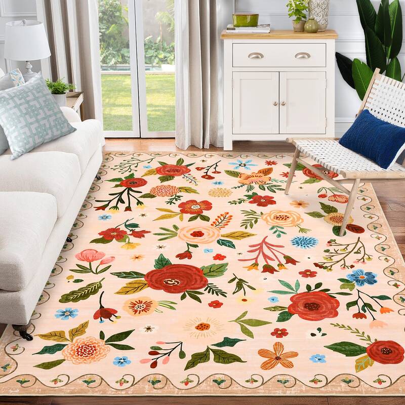 Garvee Beige Floral Area Rug for Living Room, 8x10 Machine Washable Large Rugs, 8x10 Non Slip Vintage Low Pile Soft Carpet fo...