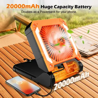 20000mAh Rechargeable Camping Fan Battery Operated Powered Fan Portable, 90° Foldable Personal USB Desk Fan with Timer/LED L...