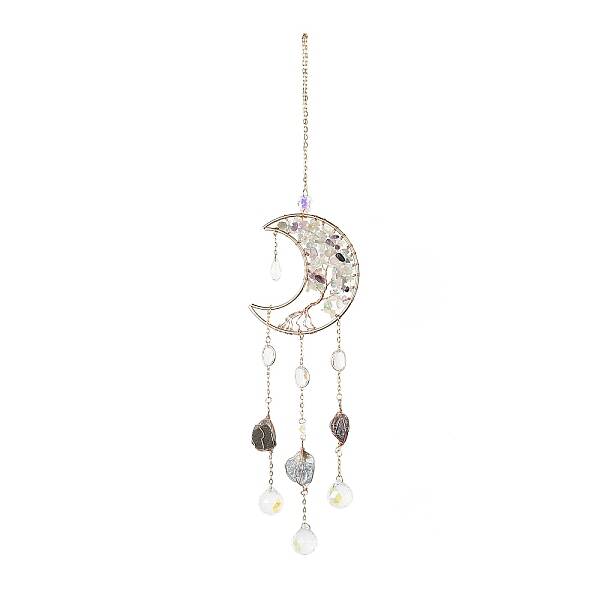 Natural Fluorite Chips Beaded Moon with Tree of Life Hanging Sun Catchers