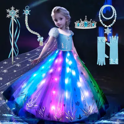 UPORPOR Blue Light-Up Ice Princess Dress for Girls – 100+ LED Modes, Music Sync, Winter Costume with Accessories (Ages 3-9)