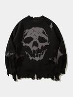 Men's Ripped Graphic Drop Shoulder Sweater, Loose Casual Street Soft Comfy Long Sleeve Round Neck Knit Tops, Jumper for Fall,...