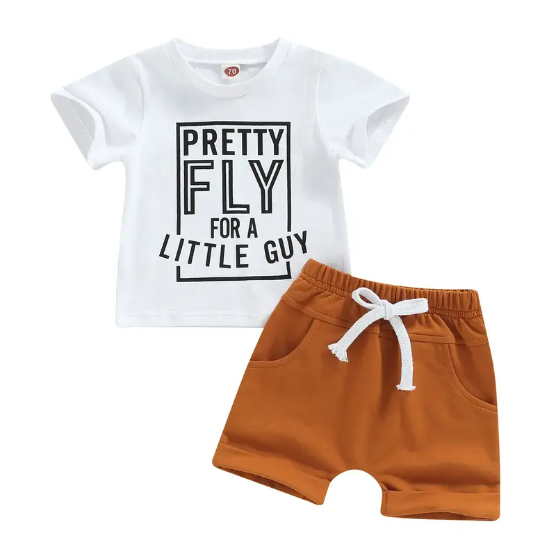 Toddler Boys Summer Outfit Sets Short Sleeve Letter Print T-shirt + Solid Color Drawstring Shorts