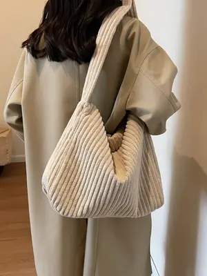Women's Solid Color Corduroy Tote Bag, Casual Large Capacity Shoulder Bag for Work & School, Trendy All-match Bag for Commute...
