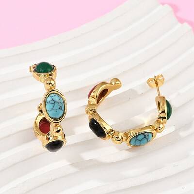 304 Stainless Steel Synthetic Turquoise & Synthetic Agate Stud Earrings