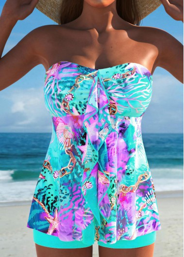 Modlily Ruffle Marine Life Print Multi Color Tankini Set - L