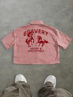 Men's Regular Fit Horse & Letter Print Short Sleeve Shirt, Casual Retro Gingham Shirt for Daily Wear, Fashion Men's Top for S...