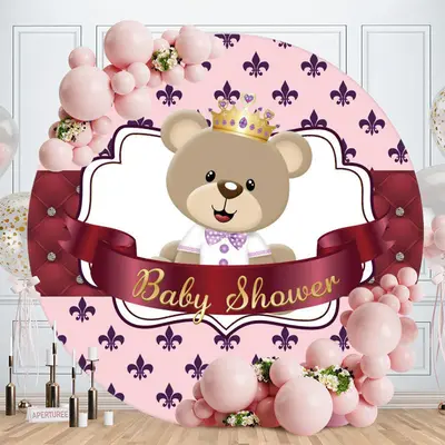 Aperturee Dark Red Teddy Bear Round Baby Shower Backdrop