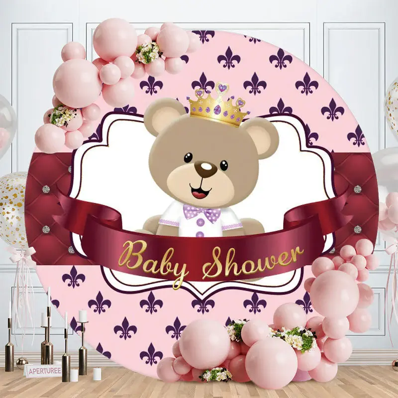 Aperturee Dark Red Teddy Bear Round Baby Shower Backdrop