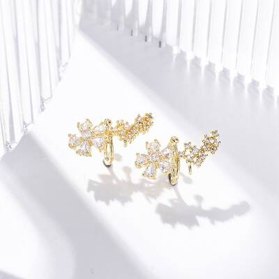 Rack Plating Flower Brass Micro Pave Clear Cubic Zirconia Cuff Earrings