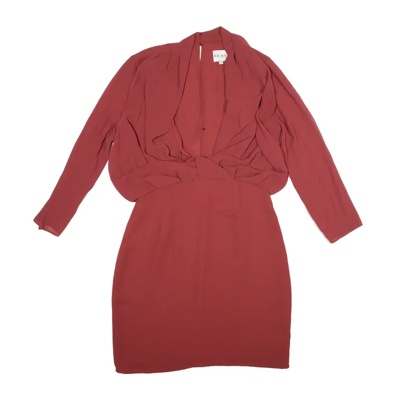 REISS Draped Mini Dress Maroon Long Sleeve Short Womens UK 8