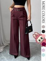 Women's Solid Wide Leg Pants with Belt, Casual Comfy Pocket Trousers for Daily Wear, Ladies Bottoms for All Seasons, Womenswe...