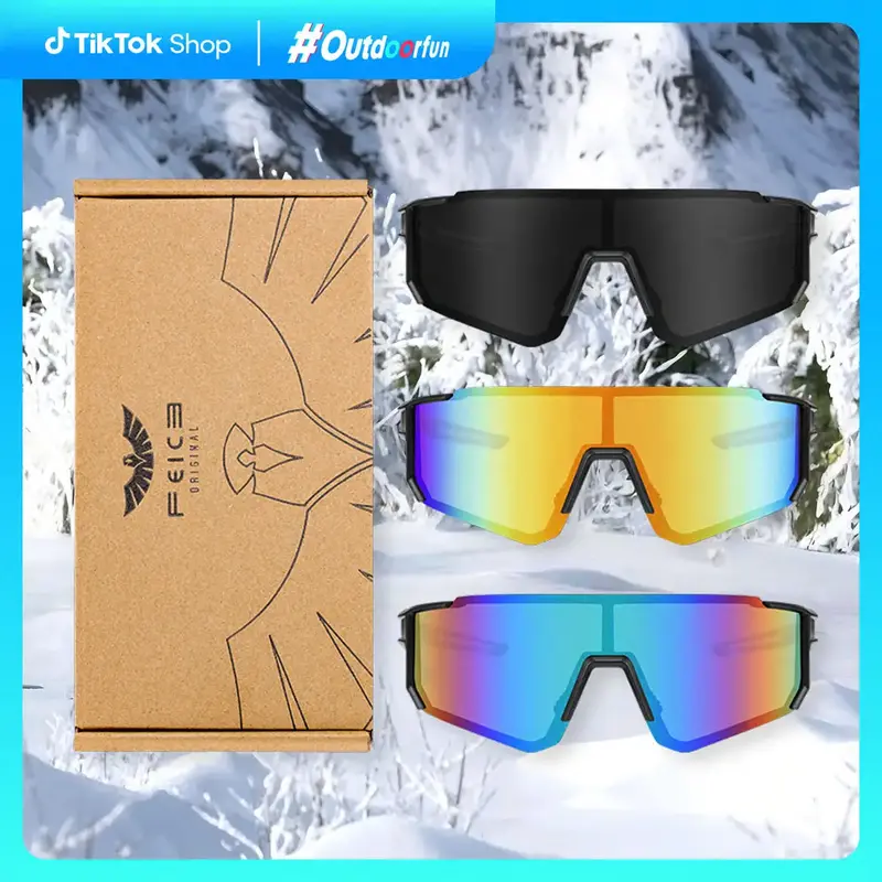 FEICE 3-Pack One-Piece Windproof Goggles | Sporty Sunglasses for Men & Women | Daily Outing, Biking, Skiing, Travel | Blue-Bl...