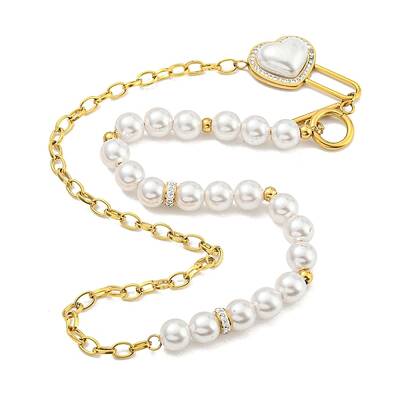 Ion Plating(IP) 201 Stainless Steel Pave Clear Cubic Zirconia & Plastic Pearl Beaded Necklaces