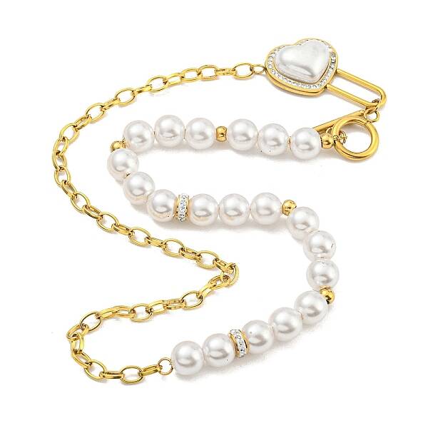 Ion Plating(IP) 201 Stainless Steel Pave Clear Cubic Zirconia & Plastic Pearl Beaded Necklaces
