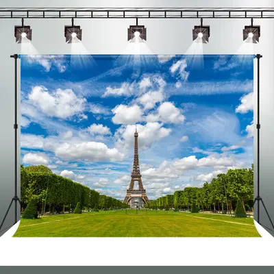 Eiffel Tower Blue Sky Grass Scenery Stage Backdrop