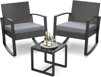 Gizoon 3 Pieces Patio Furniture Set Rocking Bistro Set Outdoor Rattan Conversation with Coffee Table for Garden Balcony Backy...