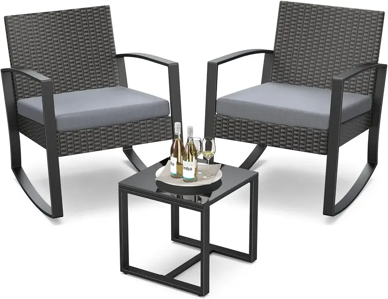 Gizoon 3 Pieces Patio Furniture Set Rocking Bistro Set Outdoor Rattan Conversation with Coffee Table for Garden Balcony Backy...